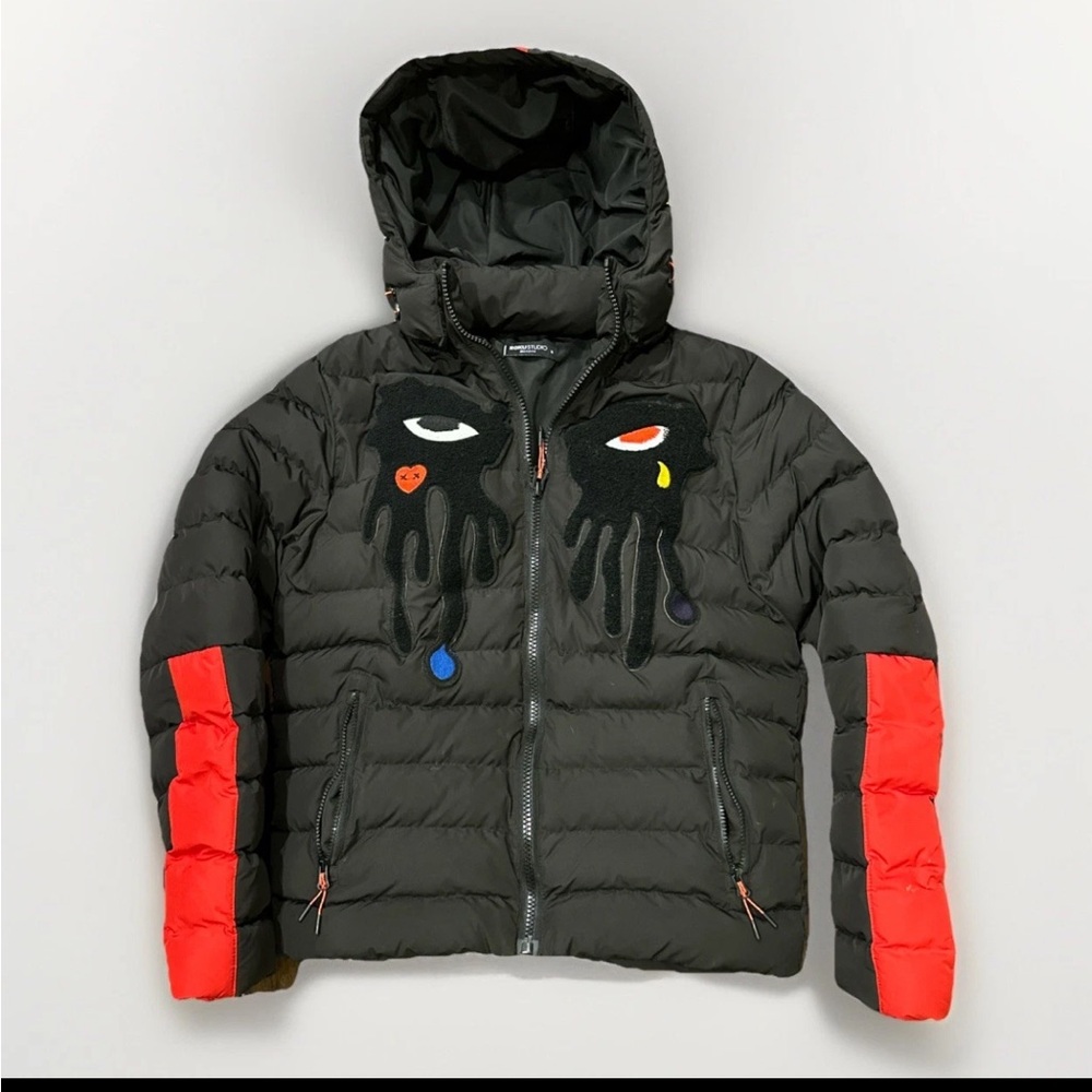 ROKU STUDIO Black & Red Tear Drop Puffer Jacket Size Small Hoodie Full Zip